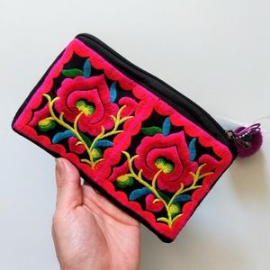 Floral Embroidered Wallet, Clutch, Rainbow, Pompom